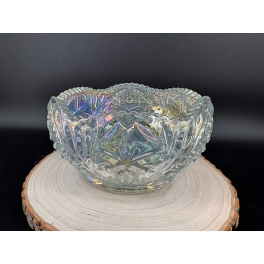 Vintage Carnival Glass Bowl Iridescent Clear Pressed Glass Scalloped Edges